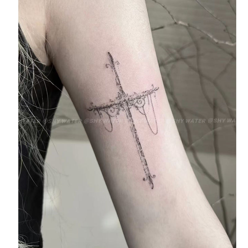 New Single-Stroke Cross American-Style Tattoo Stickers, European and American Style, Herbal, Waterproof, Long-Lasting, Realistic Arm Tattoos for Hot Girls to Cover Scars, Trendy