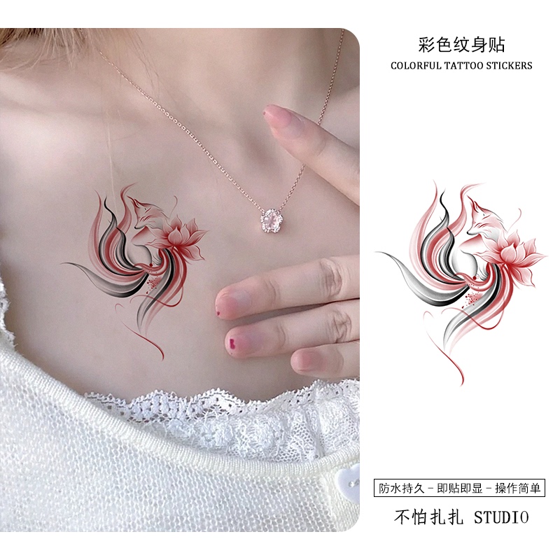 Chinese Style Ink Lotus Fox Colorful Tattoo Stickers for Women ins Waterproof Long-Lasting Arm Thigh Waist High-End Feel