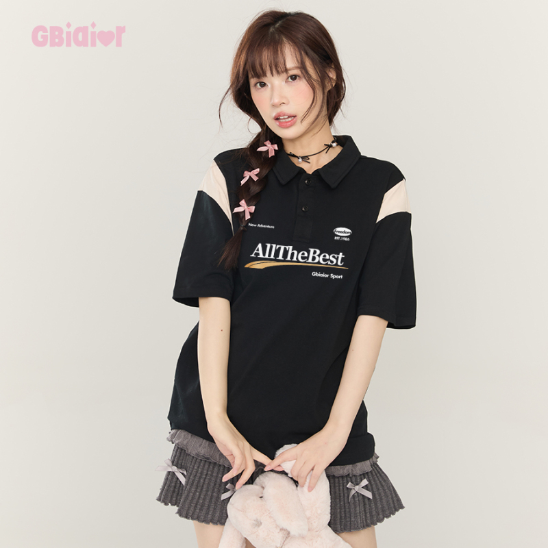 Gbiaior Trendy Patchwork Design College Style Lapel Polo Shirt Summer Short-Sleeve T-Shirt Women's Loose Top Trendy