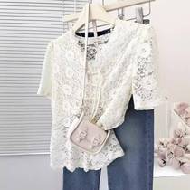 Summer Women 100 Hitch Hollowed-out Hook Flowers Short Sleeve Shirt Summer Lace Jersey Round Collar Loose Lace Blouses Foreign Air New