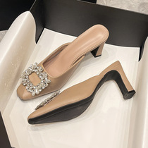 French socialite fashion square toe diamond buckle diamond heel thick heel banquet daily two wear shallow mouth toe sandals
