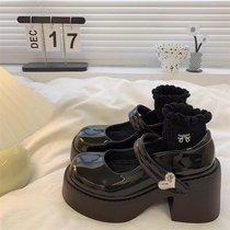 Black thick-heeled thick-soled small leather shoes for women 2024 spring new French heightening Mary Jane shoes dwarf heels