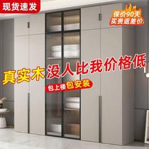 Solid wood wardrobe bedroom household economical rental glass door cabinet small apartment childrens storage large wardrobe