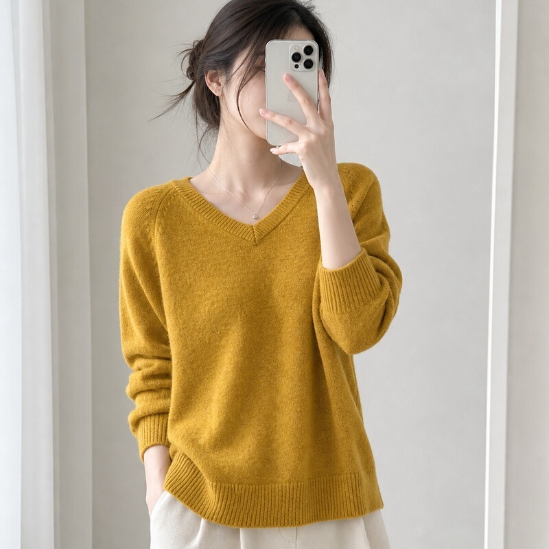 V-Neck Knit Sweater for Women, 2026 Autumn, Yellow, Long-Sleeved, Loose Fit, Soft and Cozy, Korean Style, Lazy Style, Outerwear Sweater