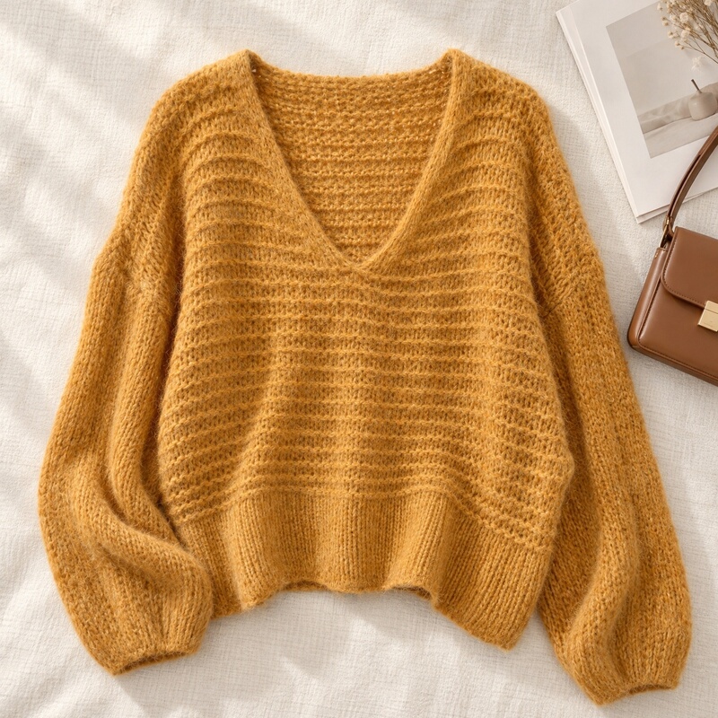 Women's 2026 Autumn/Winter Pullover Sweater V-Neck Long Sleeve Hollow Out Loose Short Soft Lazy Style Knitted Top Women's 2026 Autumn/Winter Pullover Sweater V-Neck Long Sleeve Hollow Out Loose Short Soft Lazy Style Knitted Top