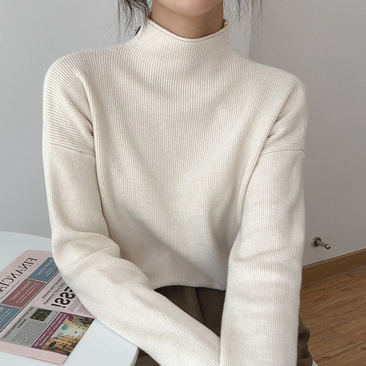 High-End Woolen White Half-Turtleneck Sweater for Women, Autumn and Winter Lazy Style Versatile Casual Base Knit Top