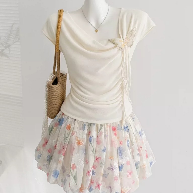 Korean-Style Tie-Bow Top Set 2026 Summer Thin Chiffon Floral Puff Skirt Pants Two-Piece Set