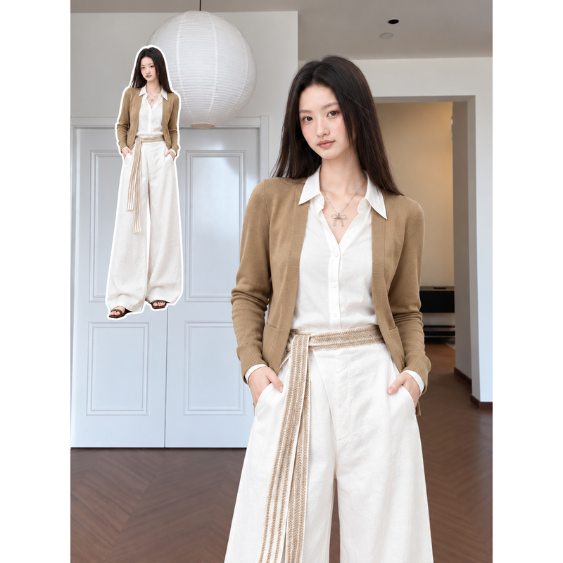Autumn High-End Style Outfit: a Set of Korean-Style Knitted Cardigan Tops Paired with a Shirt and Wide-Leg Pants for a Relaxed Look for Women
