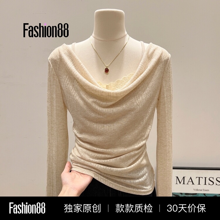 Off-Shoulder T-Shirt with a Draped Neckline, Faux Two-Piece Design, Long Sleeves, Lace Splicing, New Spring and Autumn Style for Women Off-Shoulder T-Shirt with a Draped Neckline, Faux Two-Piece Design, Long Sleeves, Lace Splicing, New Spring and Autumn Style for Women