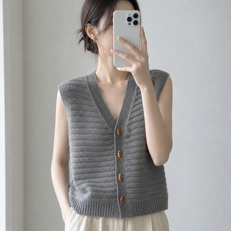 Knitted Vest Women's Cardigan 2026 Early Autumn Dark Gray V-Neck Sleeveless Loose Short Style Japanese Casual Outerwear Knitted Vest Women's Cardigan 2026 Early Autumn Dark Gray V-Neck Sleeveless Loose Short Style Japanese Casual Outerwear