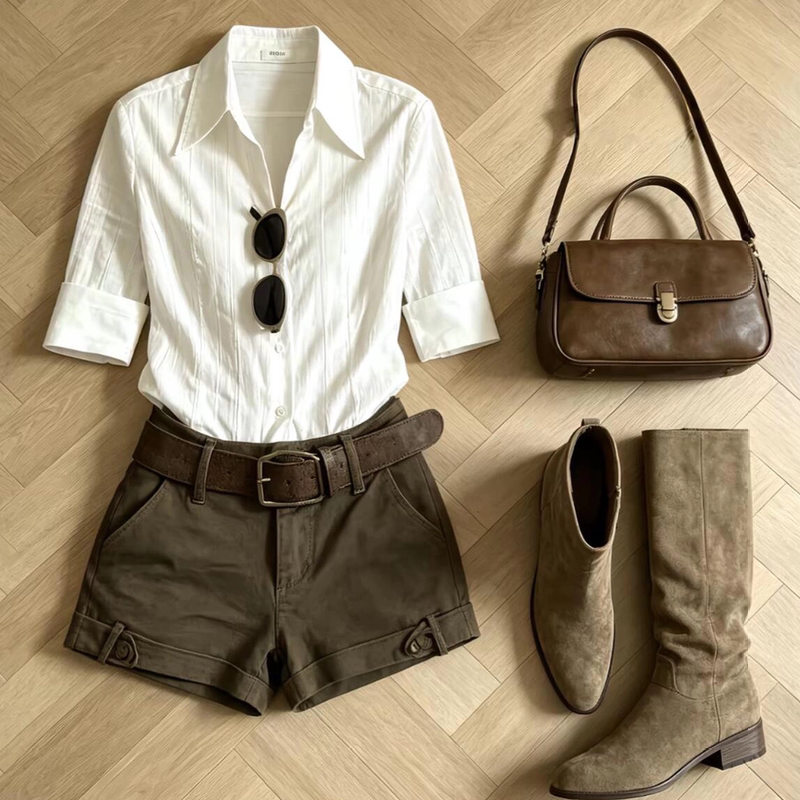 2026 Super Trendy Outfit: a Complete Set of Korean Chic Suits for Women, White Collared Shirt and Wide-Leg Shorts Two-Piece Set