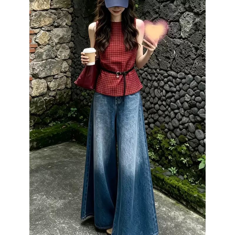 Unique and Beautiful Complete Set of Summer Clothes 2026 New Style Plaid Sleeveless Shirt Women's Denim Flared Pants Suit for Women Summer