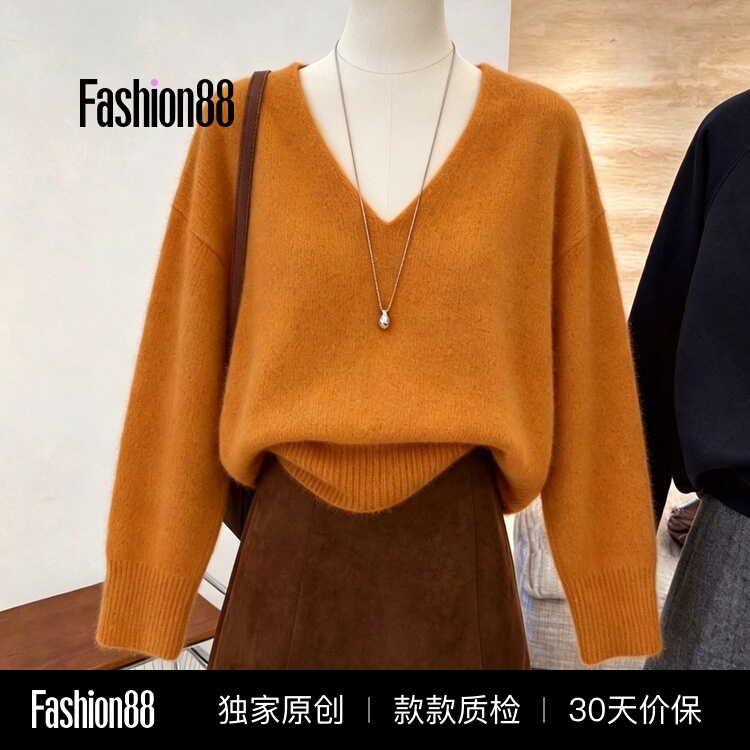 V-Neck Loose Pullover Knit Sweater for Women, Long-Sleeved Orange Sweater Top, New Autumn Fashion 2026 Women's Clothing V-Neck Loose Pullover Knit Sweater for Women, Long-Sleeved Orange Sweater Top, New Autumn Fashion 2026 Women's Clothing