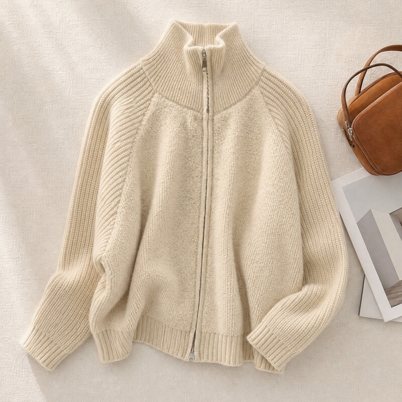 Sweater Jacket 2026 Autumn and Winter High Collar Long Sleeve Zipper Loose Soft Casual Versatile New Knit Cardigan Sweater Jacket 2026 Autumn and Winter High Collar Long Sleeve Zipper Loose Soft Casual Versatile New Knit Cardigan