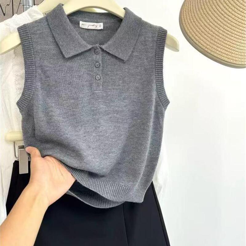 Gray Polo Collar Sleeveless Knitted Vest for Women, New Summer Style, Age-Reducing, Elegant, Suitable for Commuting, Outerwear, Short Top