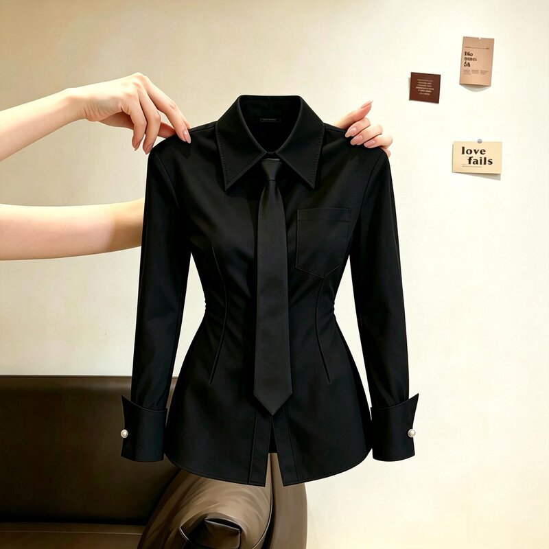 2026 Autumn New Black Shirt for Women, Elegant Black Tie, Fashionable Waist-Cinching, Turn-Down Collar, Long Sleeve Slimming Top 2026 Autumn New Black Shirt for Women, Elegant Black Tie, Fashionable Waist-Cinching, Turn-Down Collar, Long Sleeve Slimming Top