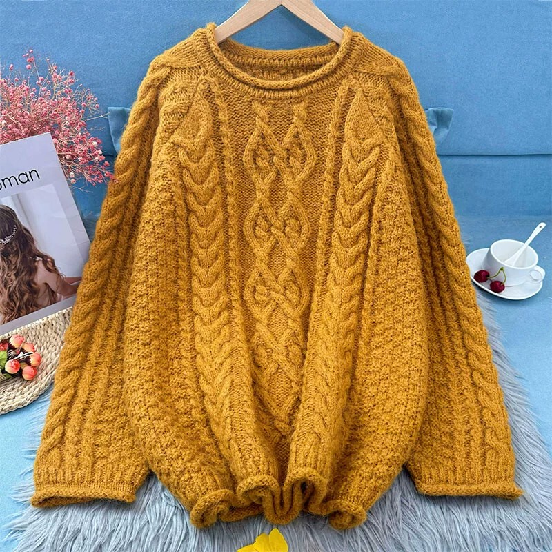 Pumpkin-Colored Rolled-Edge Sweater for Women, Autumn and Winter Thickened Loose Soft Textured Cable Knit Outerwear, Lazy Style Knit Top