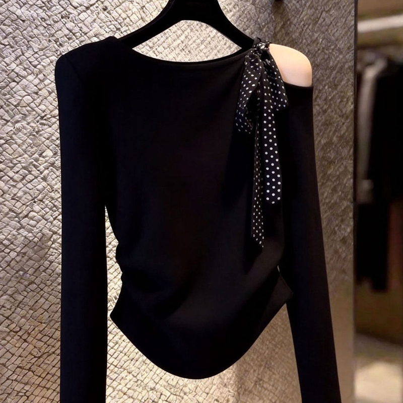 Fashionable Trendy Niche Versatile Simple Tie-Up Off-Shoulder T-Shirt Autumn Long-Sleeve High-End Casual Style Top Blouse Fashionable Trendy Niche Versatile Simple Tie-Up Off-Shoulder T-Shirt Autumn Long-Sleeve High-End Casual Style Top Blouse