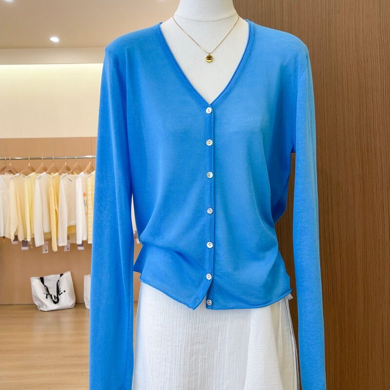 Shenzhen Nanyou Big Brand Women's Blue V-Neck Ice Silk Knitted Sun Protection Cardigan Summer Thin Long-Sleeved Blouse Top