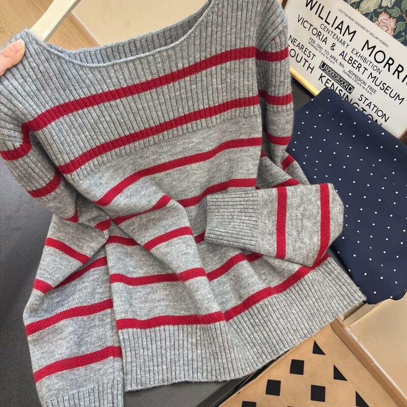 Early Autumn Korean Style New Loose Sweater with Red Striped Off-Shoulder Knit Top for Women Early Autumn Korean Style New Loose Sweater with Red Striped Off-Shoulder Knit Top for Women