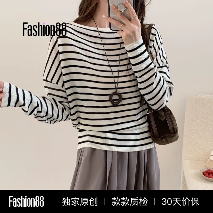 Korean Style One-Line Collar Long-Sleeved Knitwear 2026 Autumn New Fashion Wear Batwing Striped Knit Sweater for Women