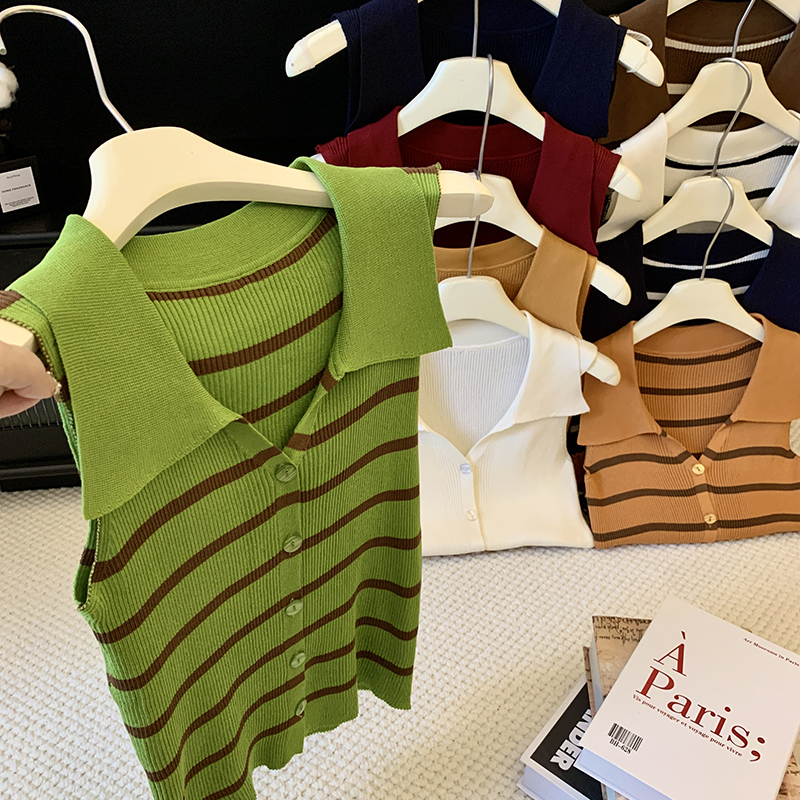Korean-Style Single-Breasted Polo Collar Sleeveless Vest for Women, Summer Slim-Fit Striped Elegant Workwear, Stunning Thin Knit Top