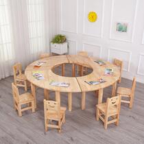 Kindergarten thickened solid wood tables and chairs childrens solid wood fan-shaped table art table round wooden table baby painting learning table
