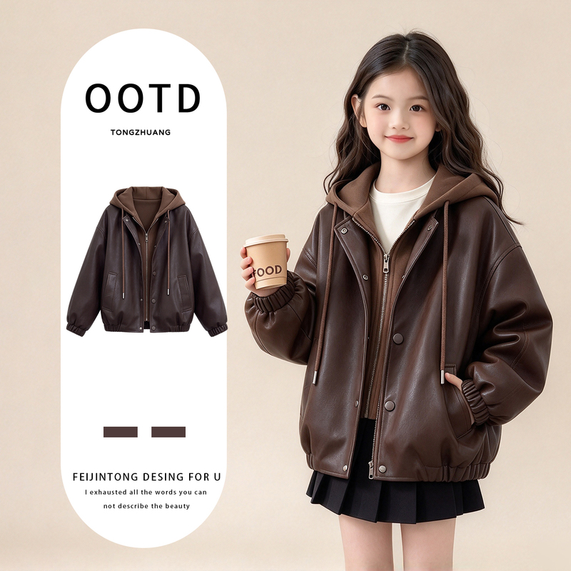 Girls' Leather Jacket Winter 2026 New Style Children's Faux Two-Piece Windproof Jacket Girls' Winter Trendy Fleece-Lined Top