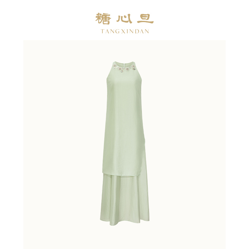 Tangxindan Spring/Summer Green Round Neck Beaded New Chinese Style Long Dress Sage Green