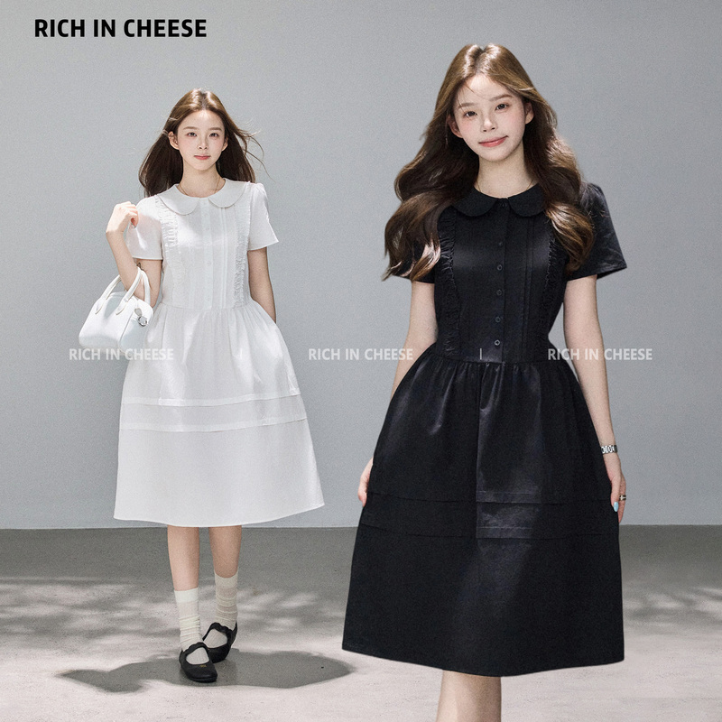 Jin Chuan Chuan Brown Sugar Fleece 100% Cotton Black Summer Elegant Vintage High-End Doll Collar Loose Dress Jin Chuan Chuan Brown Sugar Fleece 100% Cotton Black Summer Elegant Vintage High-End Doll Collar Loose Dress