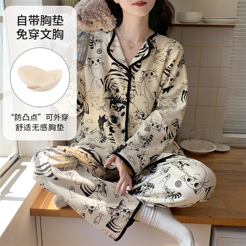 Cute Cat-Themed Off-White Cream-Colored Wearable Pajamas for Women, Long-Sleeved, Color-Blocked, Hemmed Loungewear Pajama Set Cute Cat-Themed Off-White Cream-Colored Wearable Pajamas for Women, Long-Sleeved, Color-Blocked, Hemmed Loungewear Pajama Set