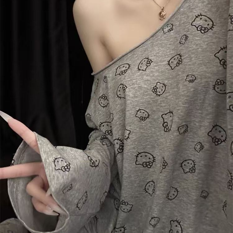Cute Kitty One-Shoulder Pajamas for Women, Spring and Autumn Korean Style, Pure Desire Off-Shoulder Long-Sleeve Long Pants, Suitable for Young Girls, Can Be Worn Outside as Loungewear