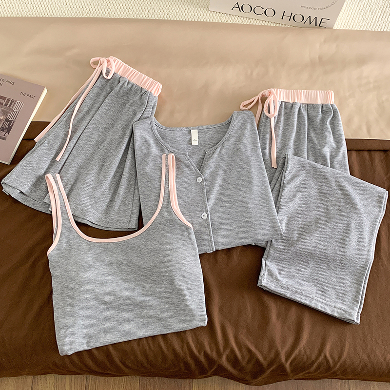 High-End Textured Modal Four-Piece Women's Pajama Set Summer Camisole Long-Sleeve Loungewear Gray