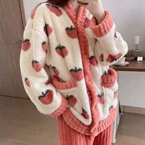 Strawberry Print Sleepwear Women Pajamas Set Winter Fleece V