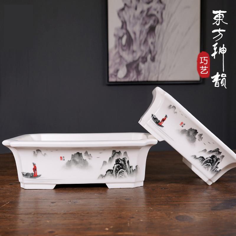 ゼニス新作モデル 精品紫砂长方形花盆陶瓷中国风水墨山水彩绘长方盆景盆大号盆栽盆 工芸品