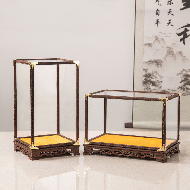 Mahogany glass cover Guanyin Buddha statue cultural toys antique crafts ornaments chicken wing wood cage display dust cover customization