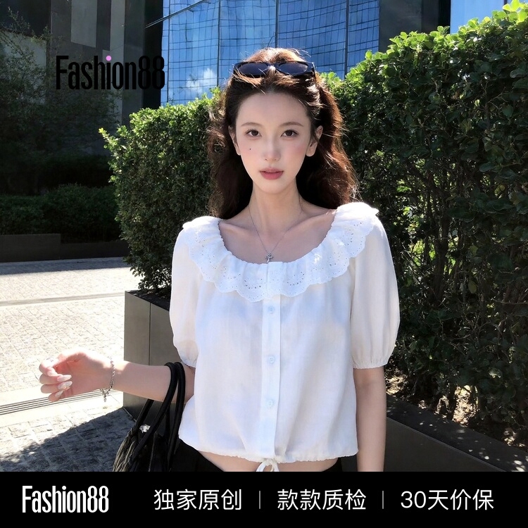 Square-Neck Lace White Blouse for Women, New Summer Design with a French Style, Versatile Shirt, Beautiful Outfit for Photos Square-Neck Lace White Blouse for Women, New Summer Design with a French Style, Versatile Shirt, Beautiful Outfit for Photos