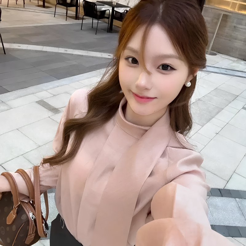 Korean-Style Rich Girl Pink Ribbon Shirt for Women, Early Autumn Elegant and High-End Long-Sleeve Shirt, Gentle and Slimming Top