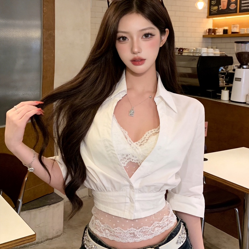 Pure Desire Style Polo Collar Shirt for Women, Early Spring Lace Sexy Short Top Two-Piece Set, Niche Street Fashion with a High-End Feel Pure Desire Style Polo Collar Shirt for Women, Early Spring Lace Sexy Short Top Two-Piece Set, Niche Street Fashion with a High-End Feel