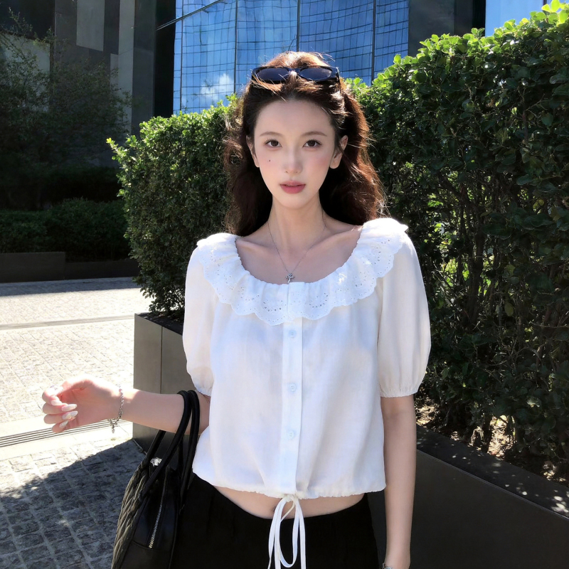Square-Neck Lace White Blouse for Women, New Summer Design with a French Style, Versatile Shirt, Beautiful Outfit for Photos Square-Neck Lace White Blouse for Women, New Summer Design with a French Style, Versatile Shirt, Beautiful Outfit for Photos