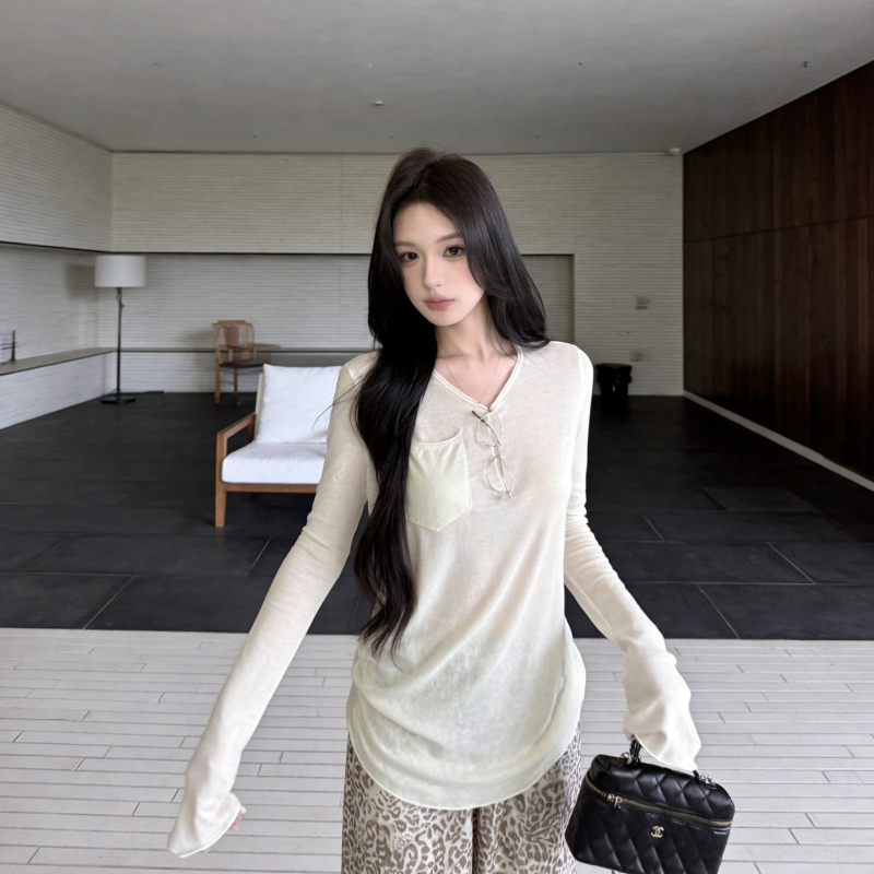 Casual Autumn Style Loose Pocket Design Versatile Three-Color Long-Sleeve T-Shirt Women's Top