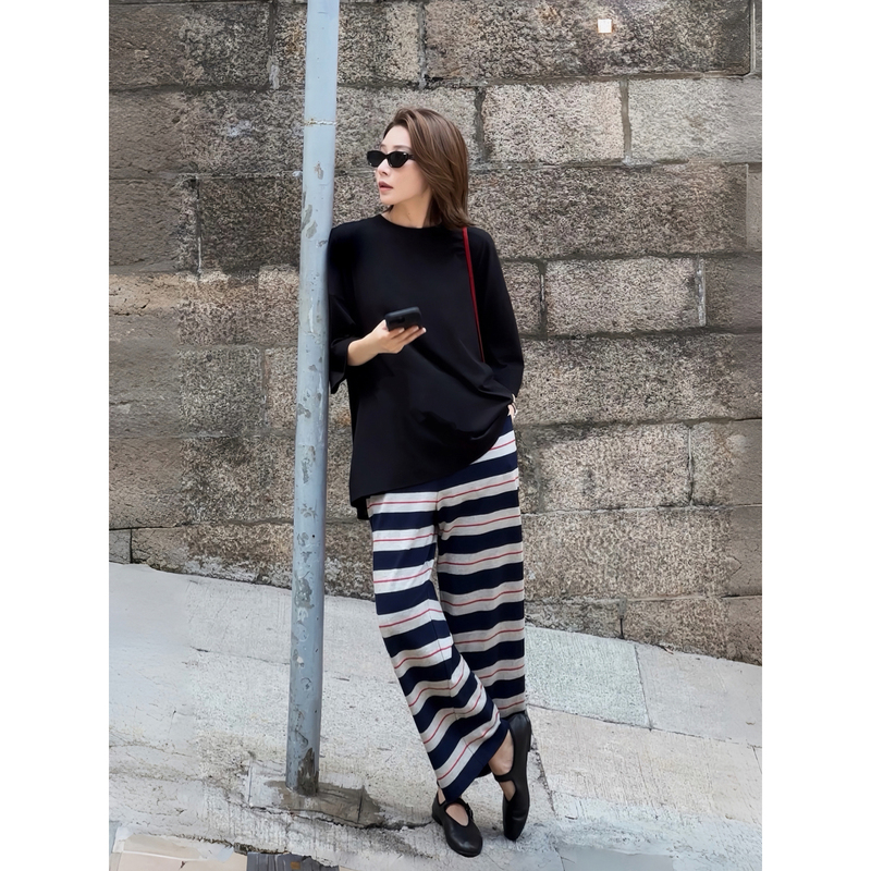 【Boss Zhou】Lazy and Comfortable, New Summer Product, Color-Blocked Striped Straight-Leg Casual Pants, Loose and Slimming Wide-Leg Pants