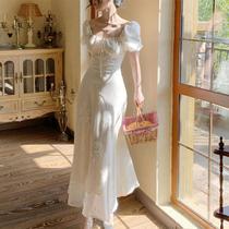 2024 summer thin dyed cloud smoke French retro gentle long skirt Tencel embroidered one-shoulder two-wear dress for women