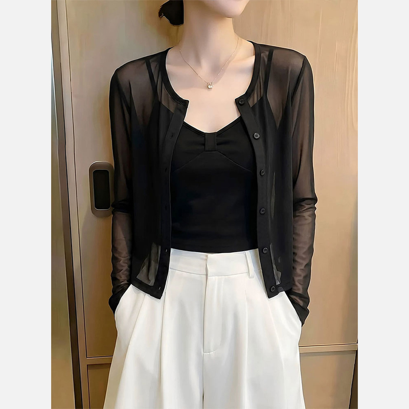 2026 Summer New Style This Year's Popular Hot-Selling Black Slightly Sheer Mesh Cardigan Women's Long-Sleeved Sun Protection Shirt Slimming Top 2026 Summer New Style This Year's Popular Hot-Selling Black Slightly Sheer Mesh Cardigan Women's Long-Sleeved Sun Protection Shirt Slimming Top