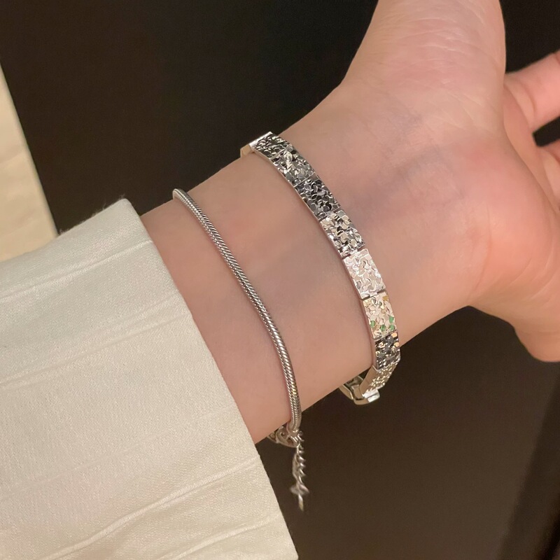 Sterling Silver Carved Ice Cube Patchwork Bracelet, Niche Design, High-End, Simple, Light Luxury and Fashionable