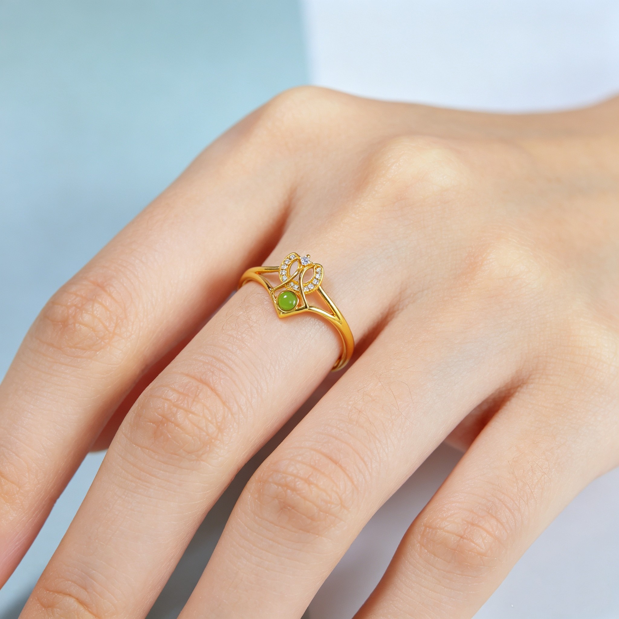 S925 silver inlaid Hetian jade jasper apple green ring 11518