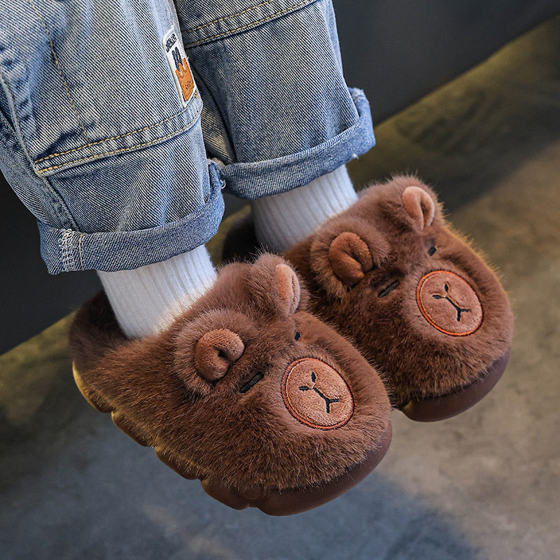 Children's Cotton Slippers for Boys and Girls, Winter Warm and Cold-Proof, Indoor Non-Slip, Cute Cartoon Furry Heel-Covered Cotton Shoes