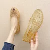 Non-Slip Crystal Sandals for Women, Suitable for Outdoor Wear, Fairy-Style, Closed-Toe, Flat-Heeled, Hollow-Out Clogs for Middle-Aged and Elderly Women
