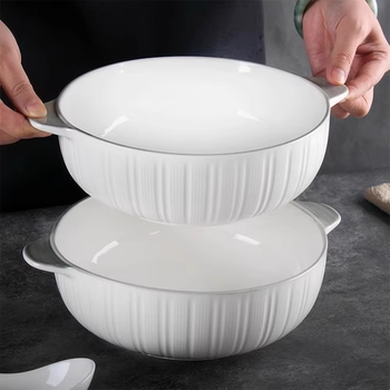 Ceramic Double-Eared Soup Bowl for Home Use 2025 New Large Soup Basin Instant Noodle Bowl Simple Thickeneded Large Capacity Noodle Bowl