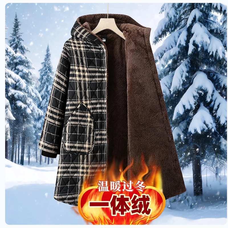 Fleece-Lined Thick Plaid Cotton Coat for Women, Mid-Length Hooded Warm Slim-Fit Cotton Jacket, Commuter Cardigan, Loose Fit for Ladies